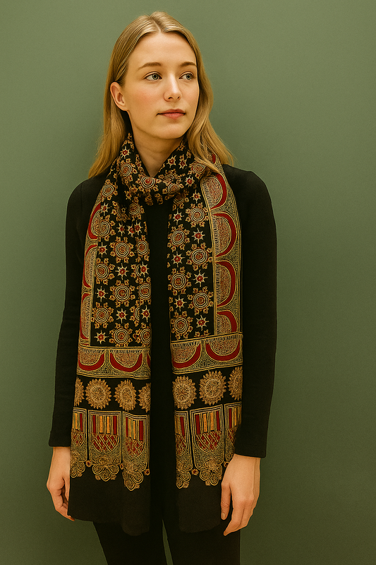 Black Ajrakh Gaji Silk Stole with Circular & Crescent Motifs | Handcrafted Block Print