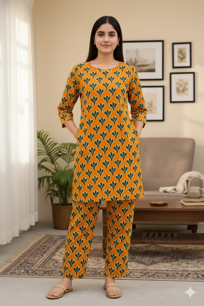 Every Day Cotton Kurta Pant Set for Women – Yellow Handblock Printed Daily Wear Outfit