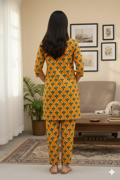 Every Day Cotton Kurta Pant Set for Women – Yellow Handblock Printed Daily Wear Outfit