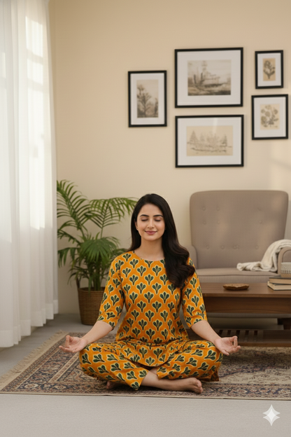 Every Day Cotton Kurta Pant Set for Women – Yellow Handblock Printed Daily Wear Outfit