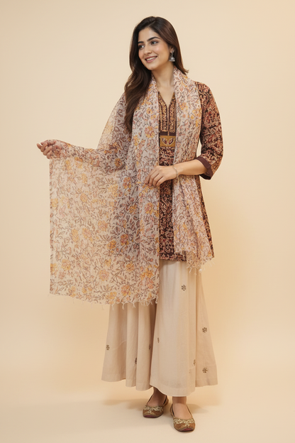 Natural Fab Gulbhar Women’s Kota Doria Hand Block Printed Floral Dupatta with Tassels