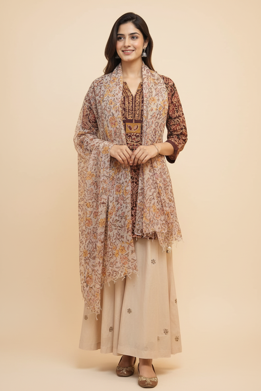 Natural Fab Gulbhar Women’s Kota Doria Hand Block Printed Floral Dupatta with Tassels