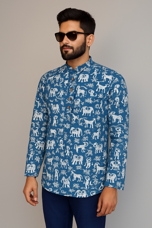 Handblock Printed Indigo Cotton Kurta – Elephant & Tribal Motif Design