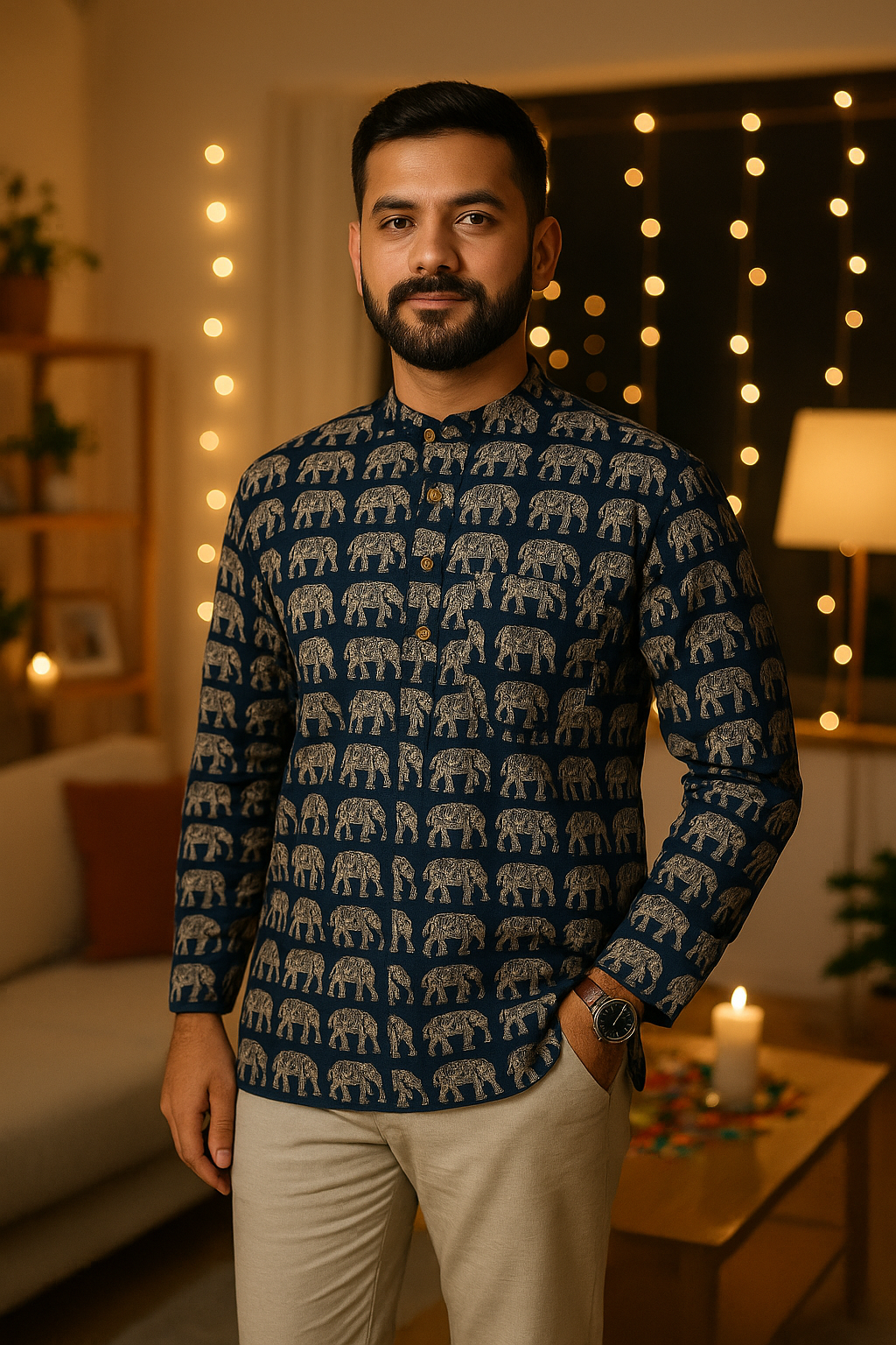Men's Short Kurta with Elephant Print – Navy Blue
