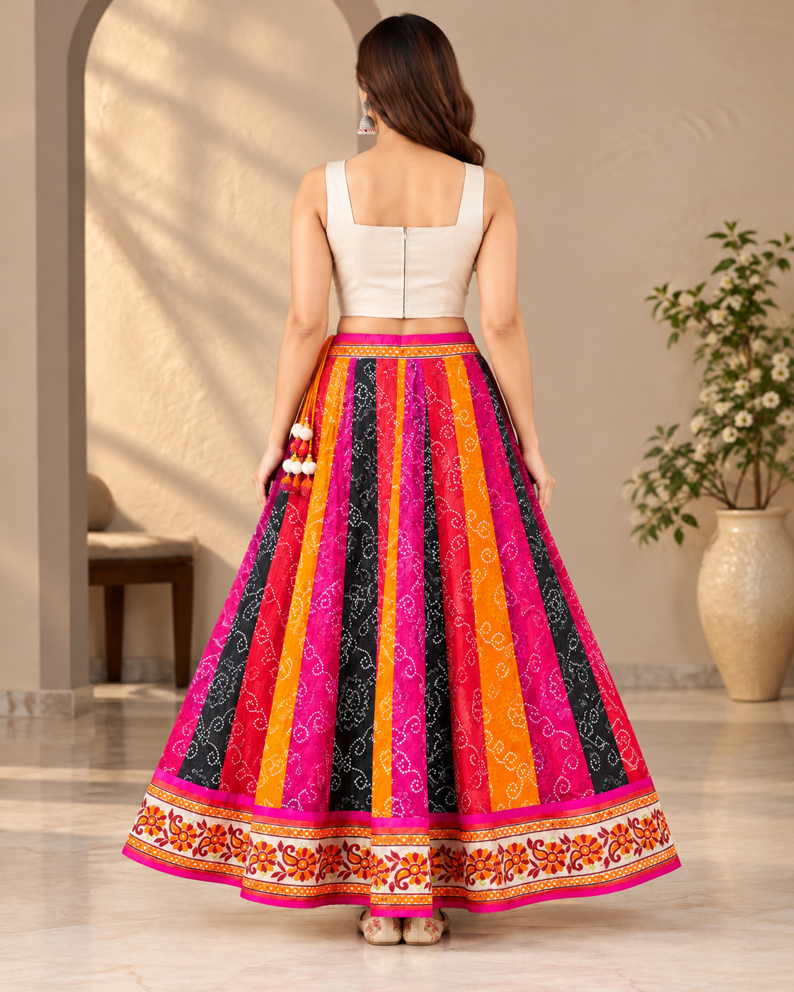Women's Cotton Bandhani Printed Long Flared Skirt with Multicolour Panels | Ethnic Maxi Skirt