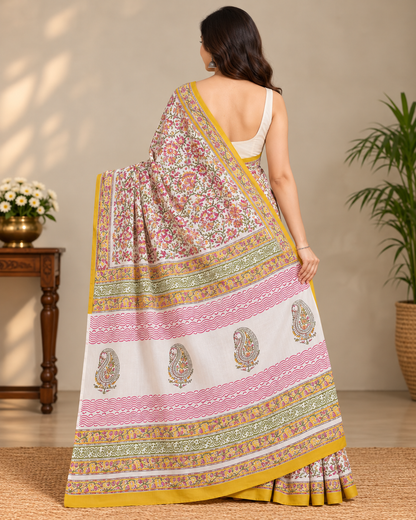 Natural Fab Mal Mal Cotton Hand Block Printed Saree with Blouse | 6.30 m