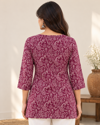 Women’s Wine Printed Short Kurti with Tribal Motifs | 3/4 Sleeve Casual Straight Kurti