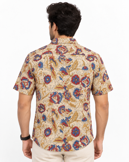 Men’s 100% Pure Cotton Hand Block Printed Half Sleeve Shirt | Multicolour Floral Casual Shirt