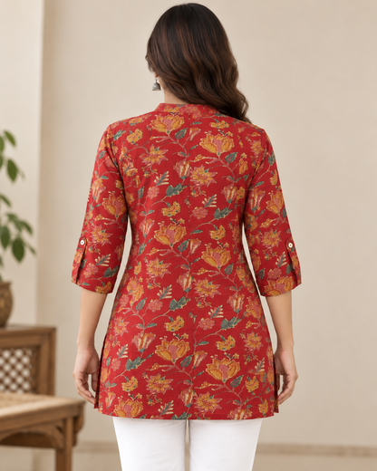 Women's Red Floral Printed Cotton Short Kurti | Button-Down 3/4 Sleeve Ethnic Tunic