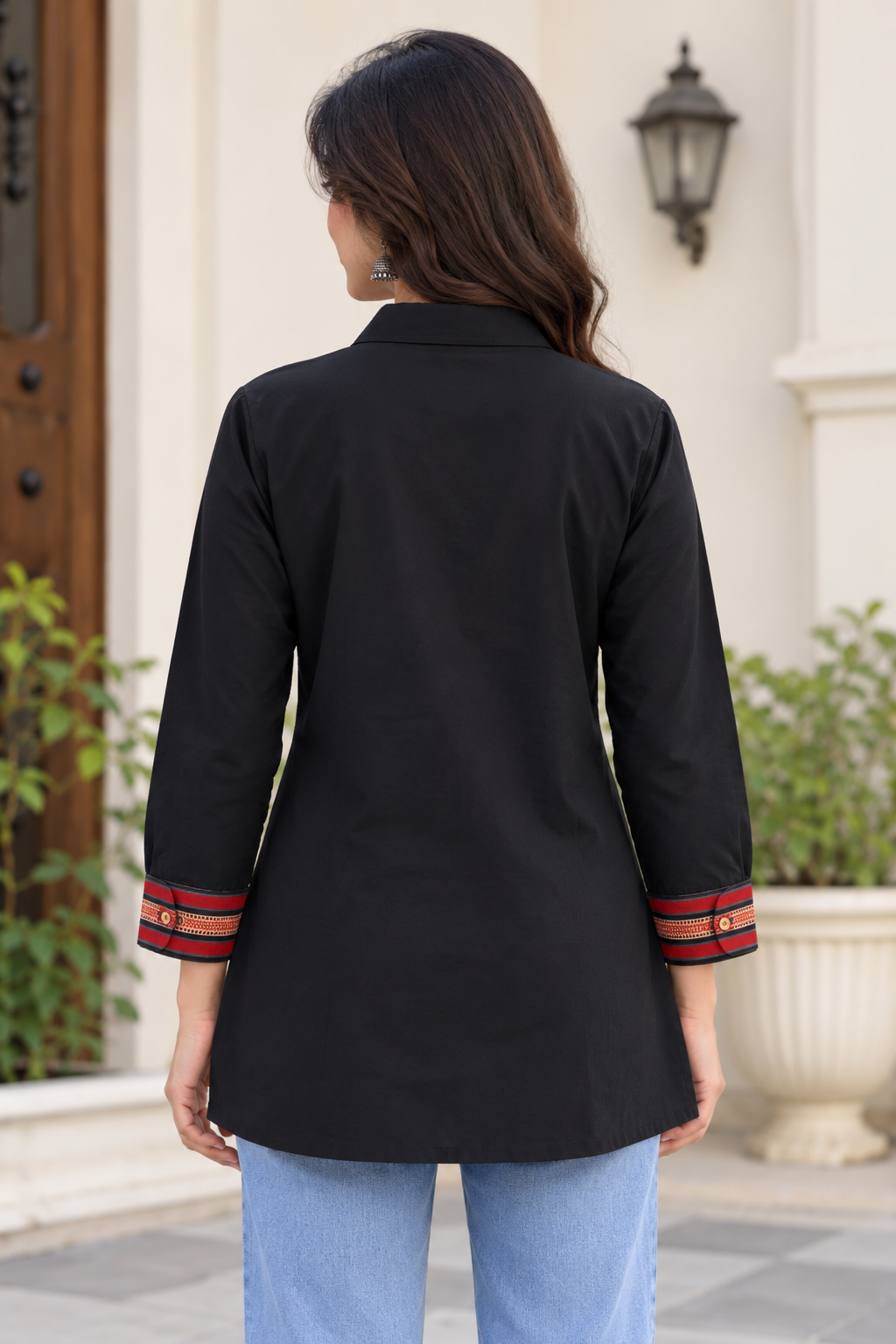 Natural Fab Women's Black & Maroon Ethnic Printed Shirt Style Top with Patch Pocket & Full Sleeves