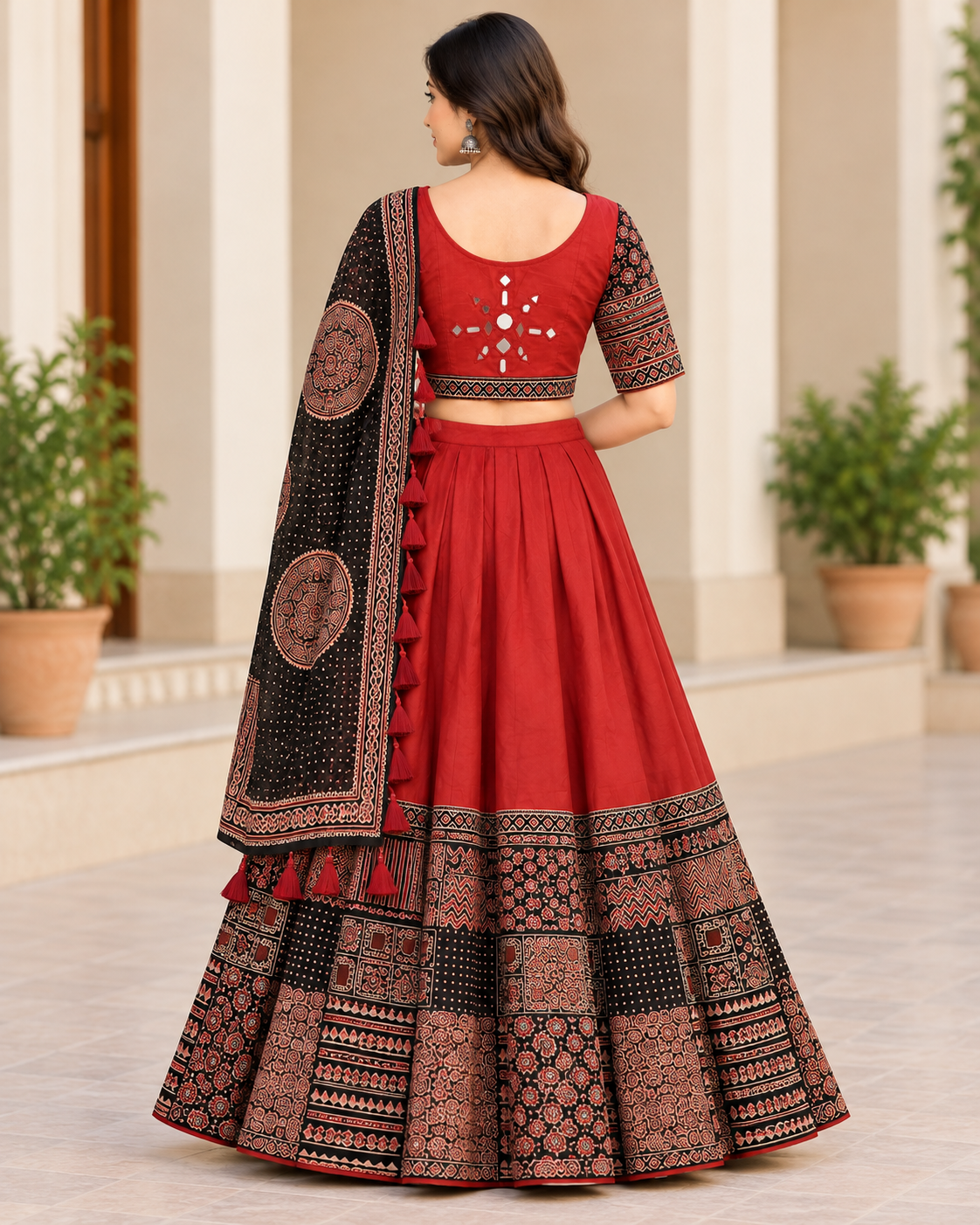 Women's Maroon Printed Cotton Lehenga Choli Set with Black Dupatta & Ethnic Border