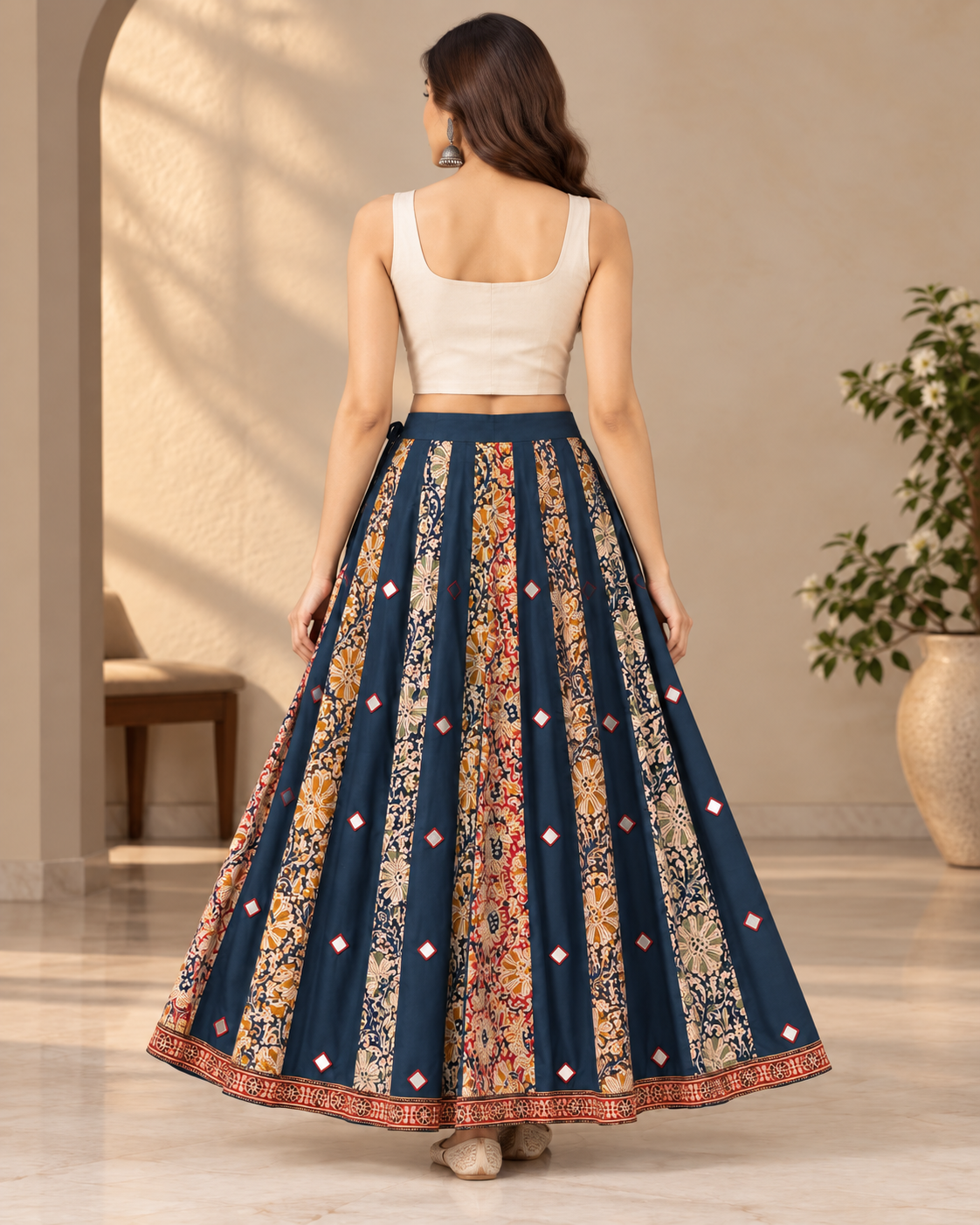 Women's Kalamkari Printed Flared Maxi Skirt with Mirror Work & Traditional Border – Navy Blue