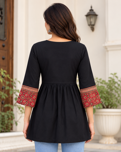 Natural Fab Women's Maroon Ajrakh Printed Black Flared Peplum Top with Mirror Work V-Neck