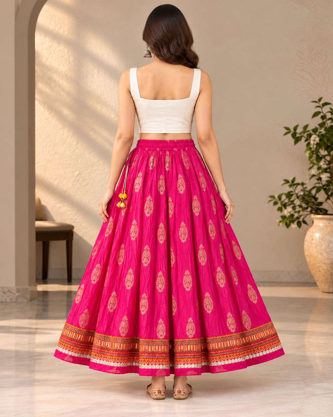 Women's Rani Pink Ottoman Cotton Flared Maxi Skirt with Ethnic Print & Decorative Border
