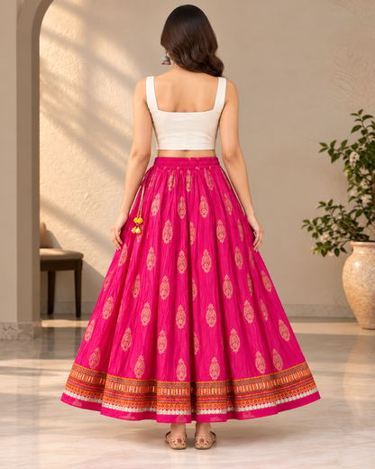 Women's Rani Pink Ottoman Cotton Flared Maxi Skirt with Ethnic Print & Decorative Border