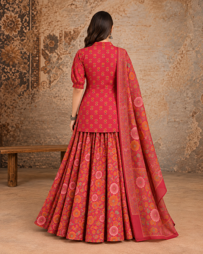 Women’s Cotton Floral Printed Lehenga Set with Kurti & Dupatta | Festive Ethnic Wear