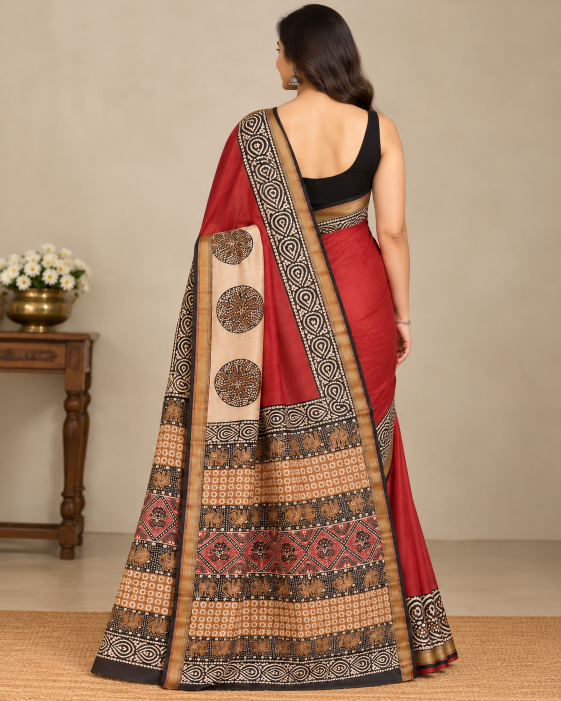 Natural Fab Maheshwari Silk Hand Block Printed Saree with Blouse | 6.30 Metres