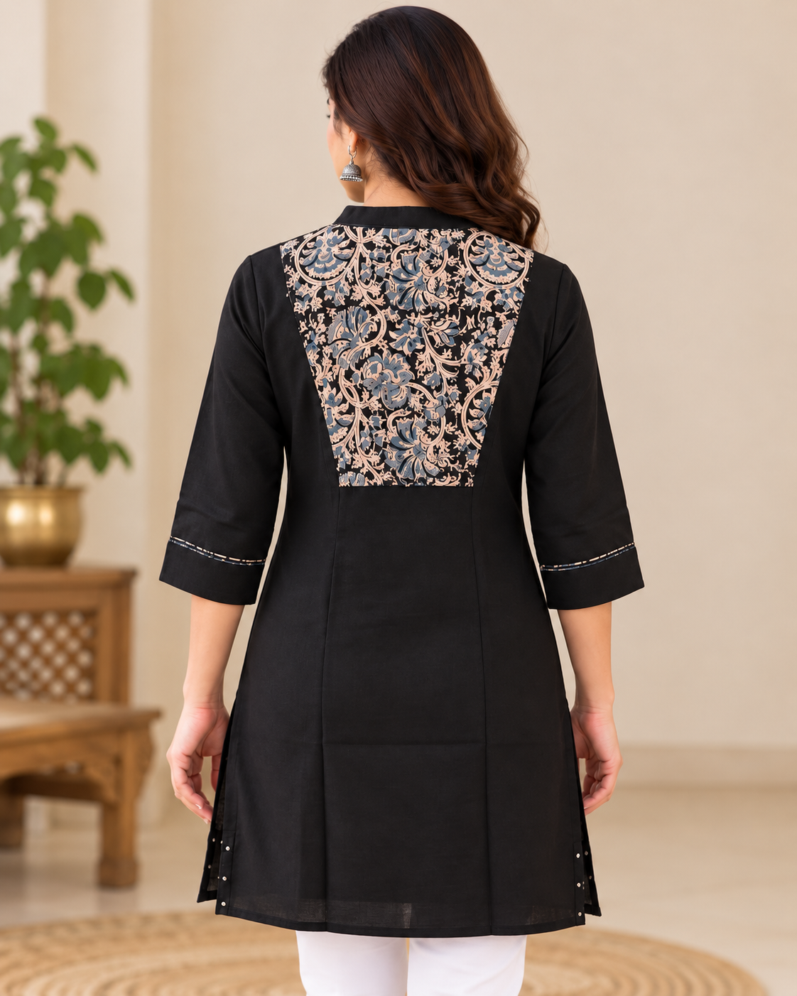 Women's Black Handloom Cotton Kalamkari Hand Block Printed Short Kurti | 3/4 Sleeve Ethnic Top
