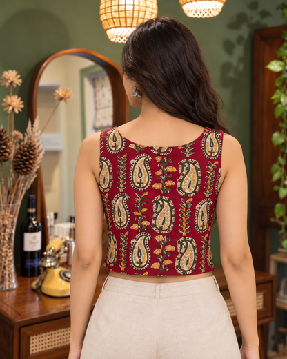 Natural Fab Women's Maroon Hand Block Printed Cotton Sleeveless Crop Top | Ethnic Paisley Print