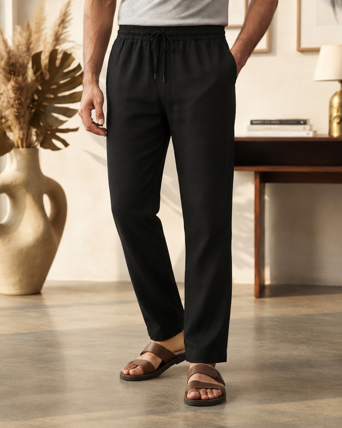 Men’s Cotton Linen Blend Black Pants | Relaxed Fit Drawstring Casual Trousers with Pockets