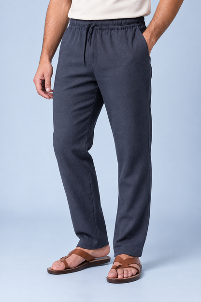 Men’s Cotton Linen Blend Gray Pants | Relaxed Fit Drawstring Casual Trousers with Pockets