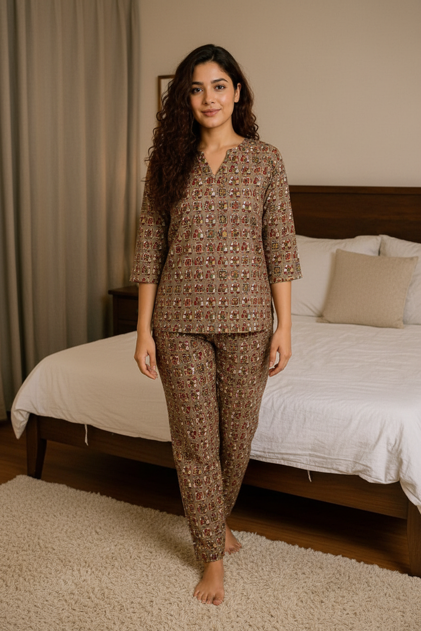 Women’s Cotton Night Suit Set – Soft Printed Loungewear, Breathable Sleepwear for All Seasons