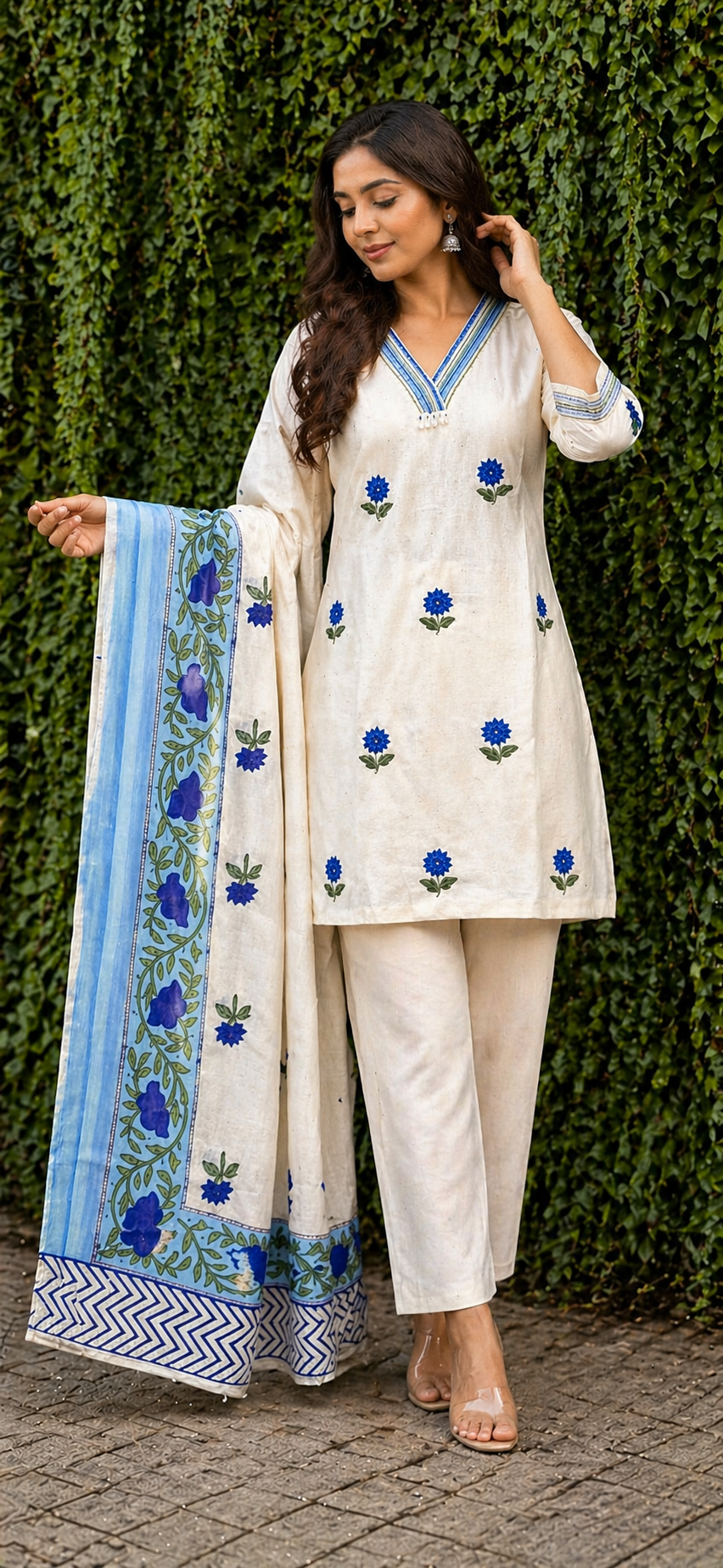 Women Cotton Kurti Set with Dupatta | Cream Blue Floral Print 3/4 Sleeve Ethnic Wear