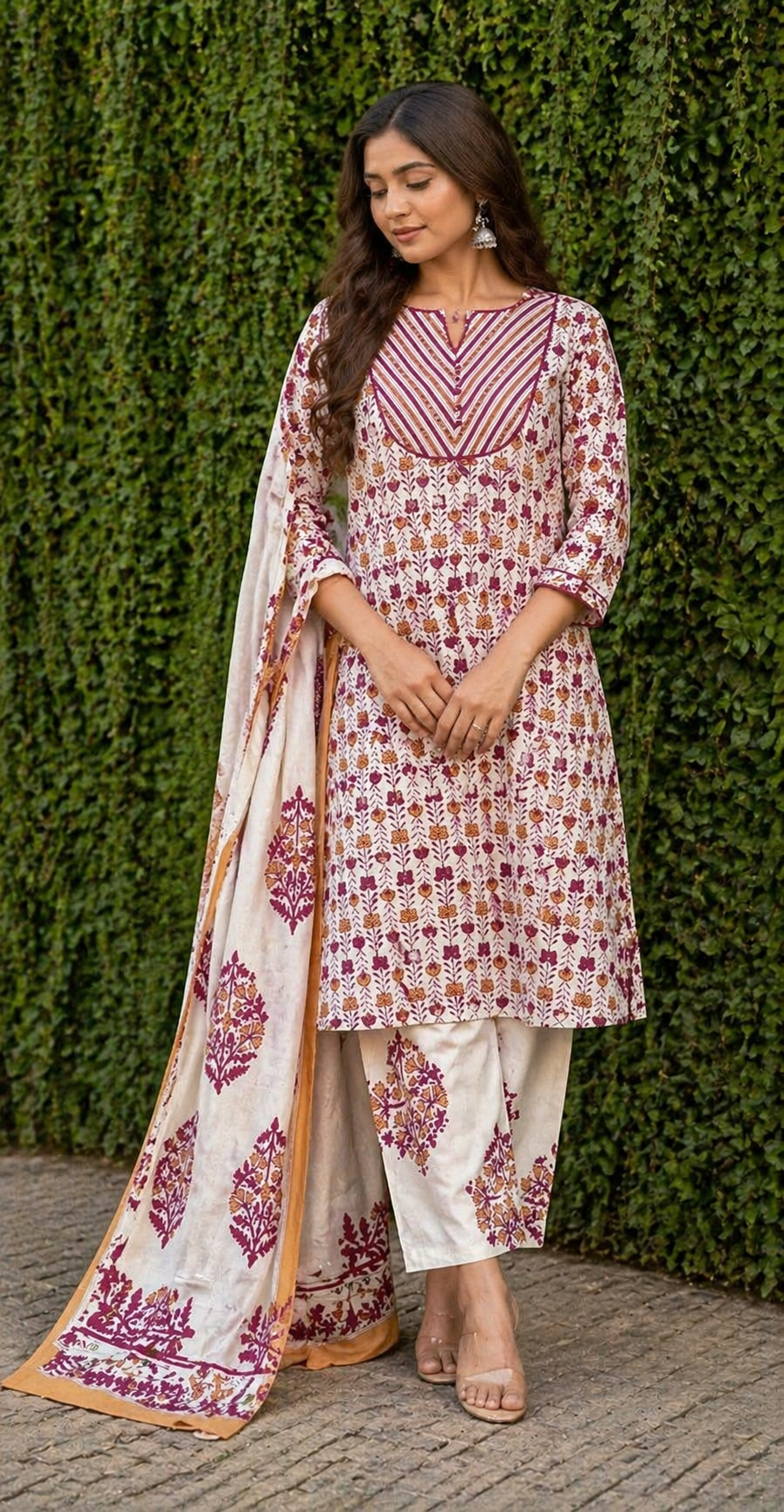 Women Cotton Kurti Set with Dupatta | Cream Maroon Floral Print 3/4 Sleeve Ethnic Wear