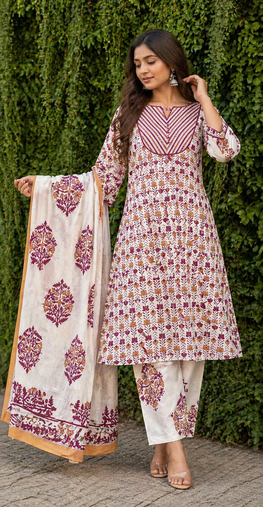 Women Cotton Kurti Set with Dupatta | Cream Maroon Floral Print 3/4 Sleeve Ethnic Wear