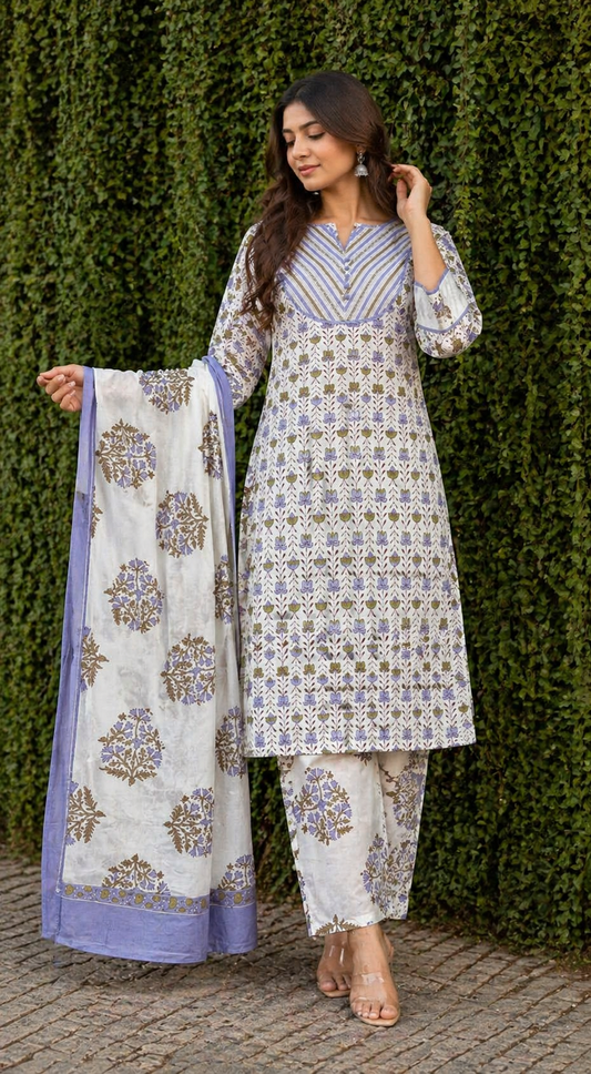 Women Cotton Kurti Set with Dupatta | Cream Blue Floral Print 3/4 Sleeve Ethnic Wear