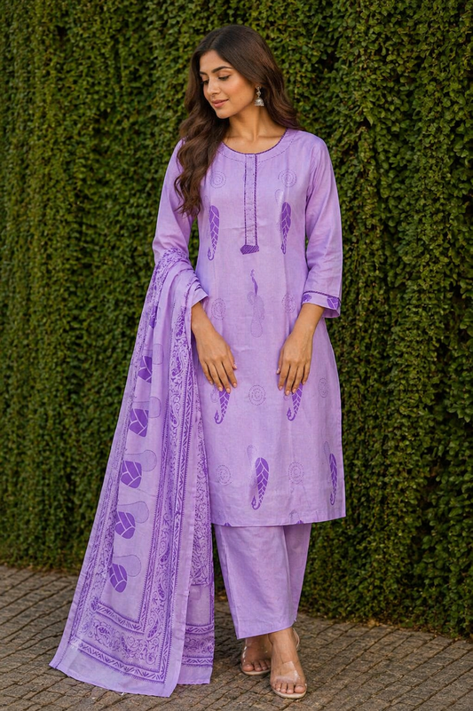Lavender Cotton Kurti Set for Women with Dupatta | 3/4 Sleeve Printed Ethnic Wear