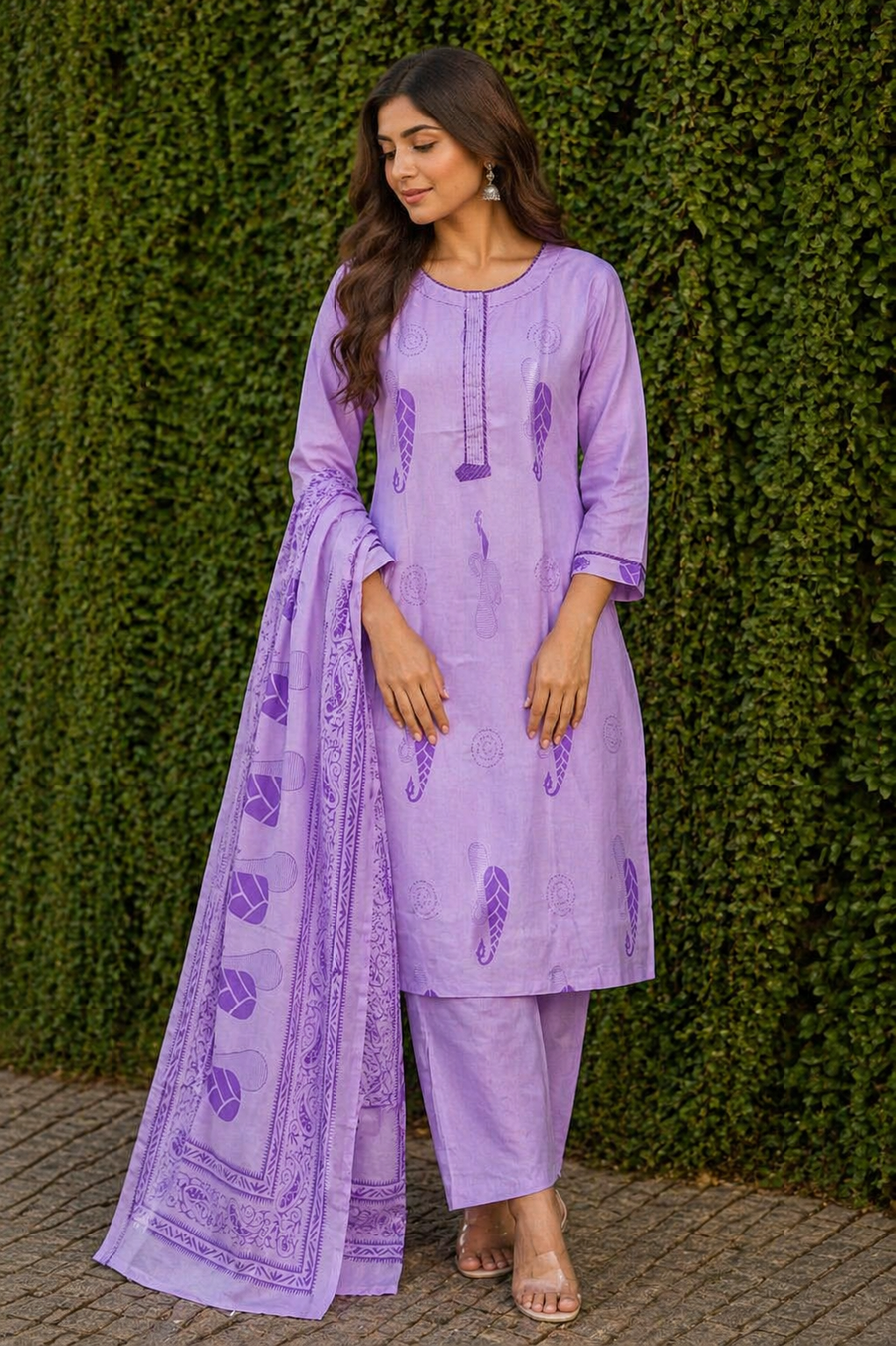 Lavender Cotton Kurti Set for Women with Dupatta | 3/4 Sleeve Printed Ethnic Wear