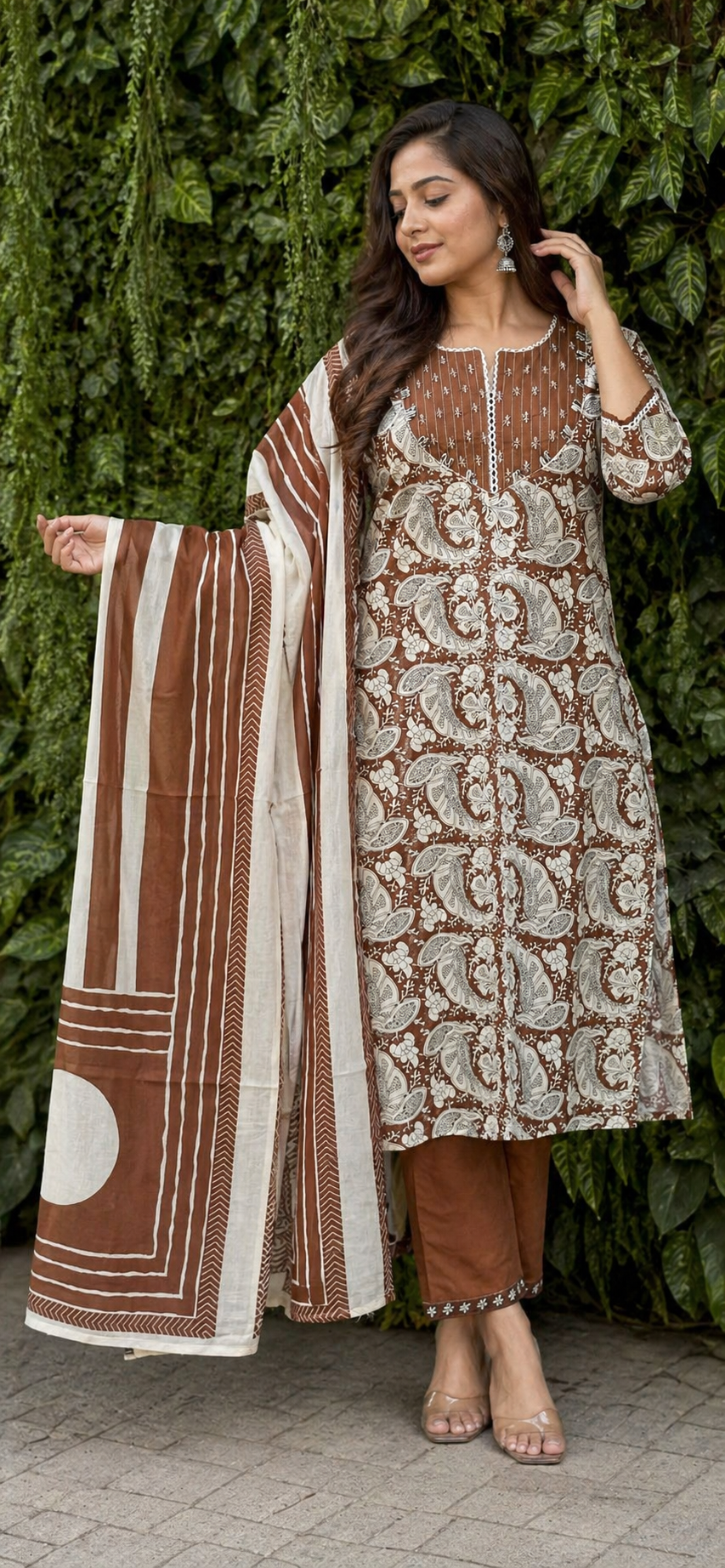 Women Cotton Kurti Set with Dupatta | Brown Printed 3/4 Sleeve Ethnic Kurta Set