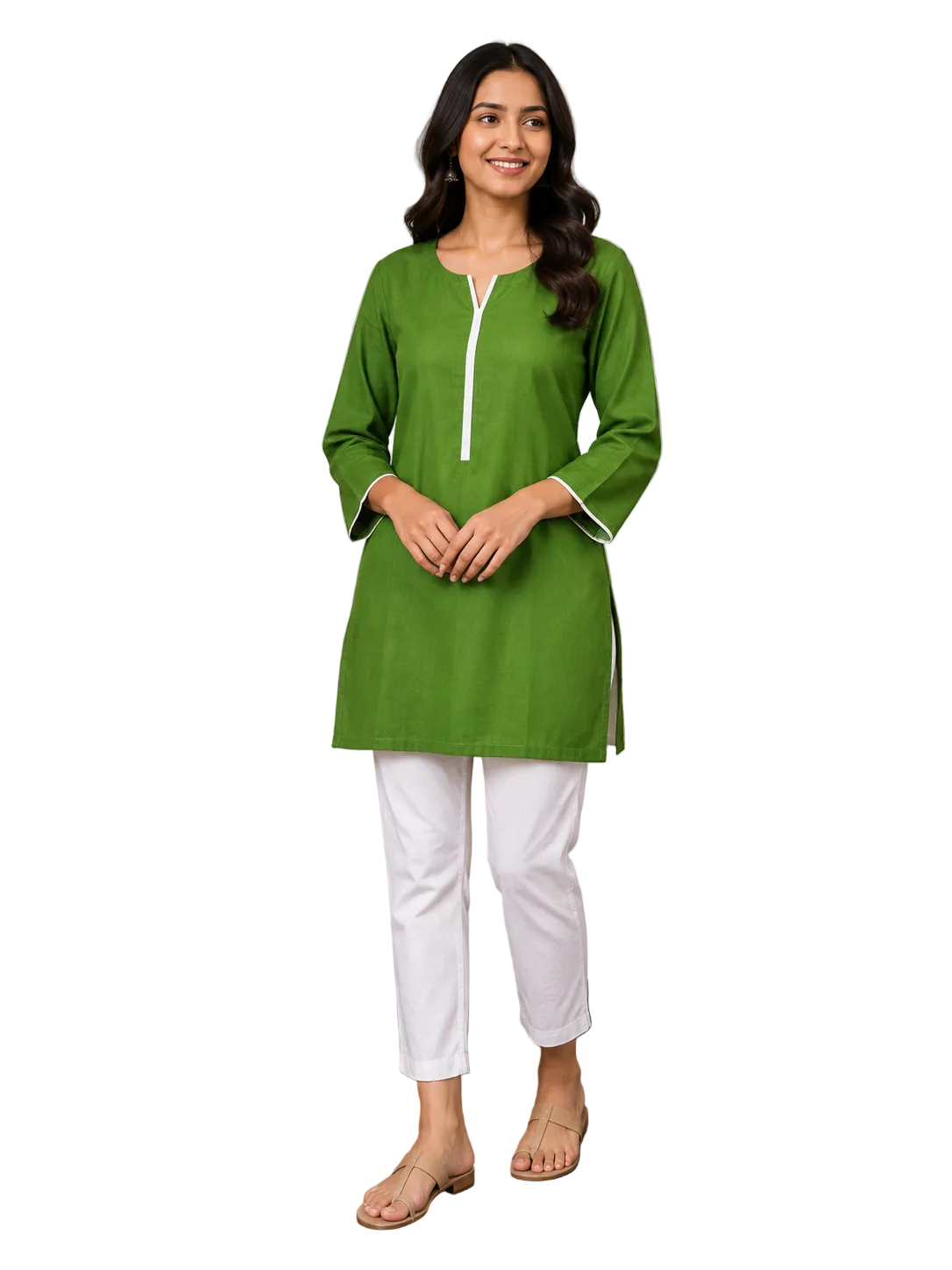 Women’s Green Linen Blend Short Kurti with Contrast White Piping, Notch Neck & Three-Quarter Sleeves