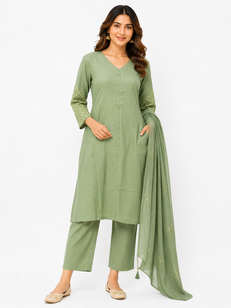 Women’s Sage Green Kurti Set with Dupatta | 3-Piece Button-Front Kurta, Straight Pants & Floral Printed Dupatta