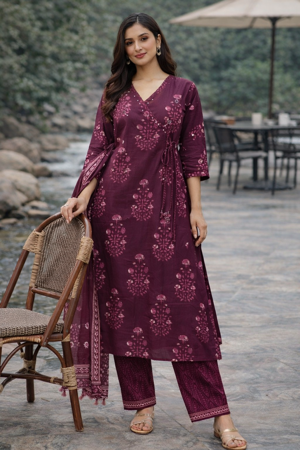 Maroon Printed Cotton Kurti Set for Women with Dupatta – Elegant Ethnic Kurta Pant Set | Natural Fab