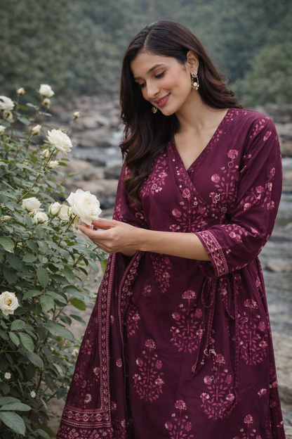 Maroon Printed Cotton Kurti Set for Women with Dupatta – Elegant Ethnic Kurta Pant Set | Natural Fab
