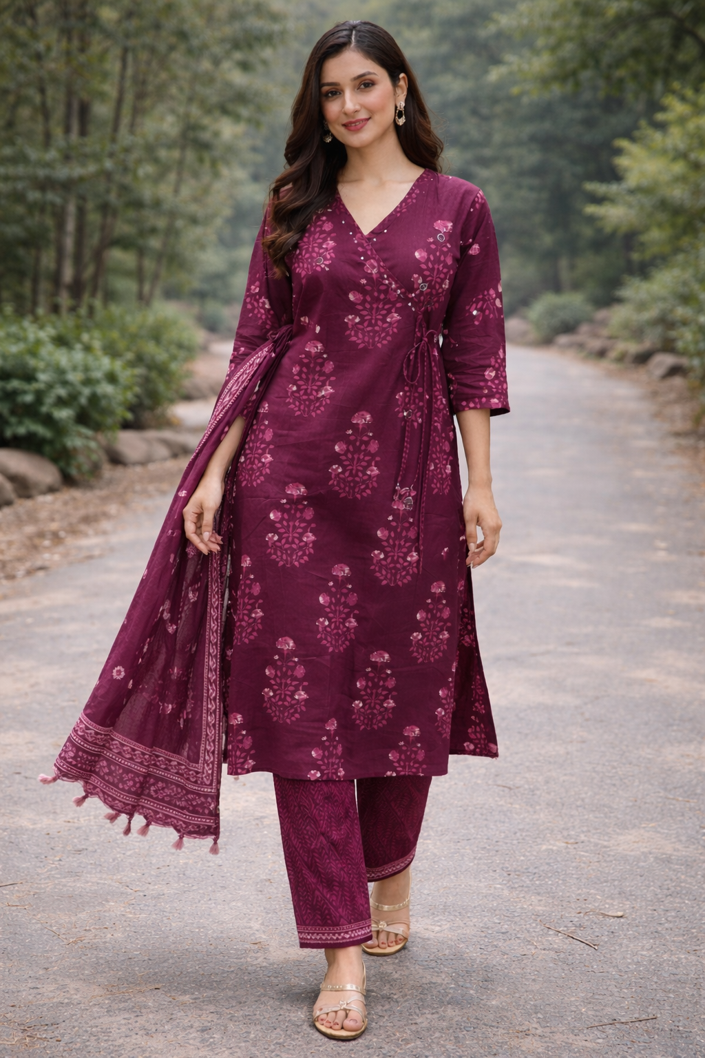 Maroon Printed Cotton Kurti Set for Women with Dupatta – Elegant Ethnic Kurta Pant Set | Natural Fab