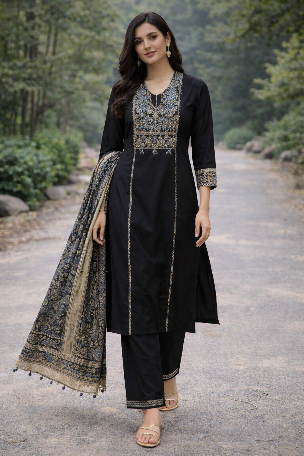 Black Embroidered Cotton Kurti Set for Women with Dupatta – Elegant Ethnic Kurta Pant Set | Natural Fab