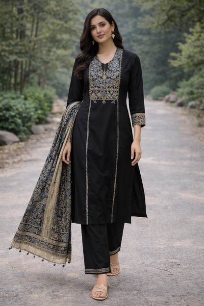 Black Embroidered Cotton Kurti Set for Women with Dupatta – Elegant Ethnic Kurta Pant Set | Natural Fab
