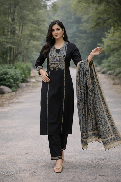 Black Embroidered Cotton Kurti Set for Women with Dupatta – Elegant Ethnic Kurta Pant Set | Natural Fab