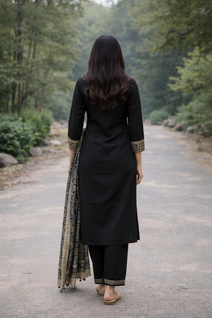 Black Embroidered Cotton Kurti Set for Women with Dupatta – Elegant Ethnic Kurta Pant Set | Natural Fab