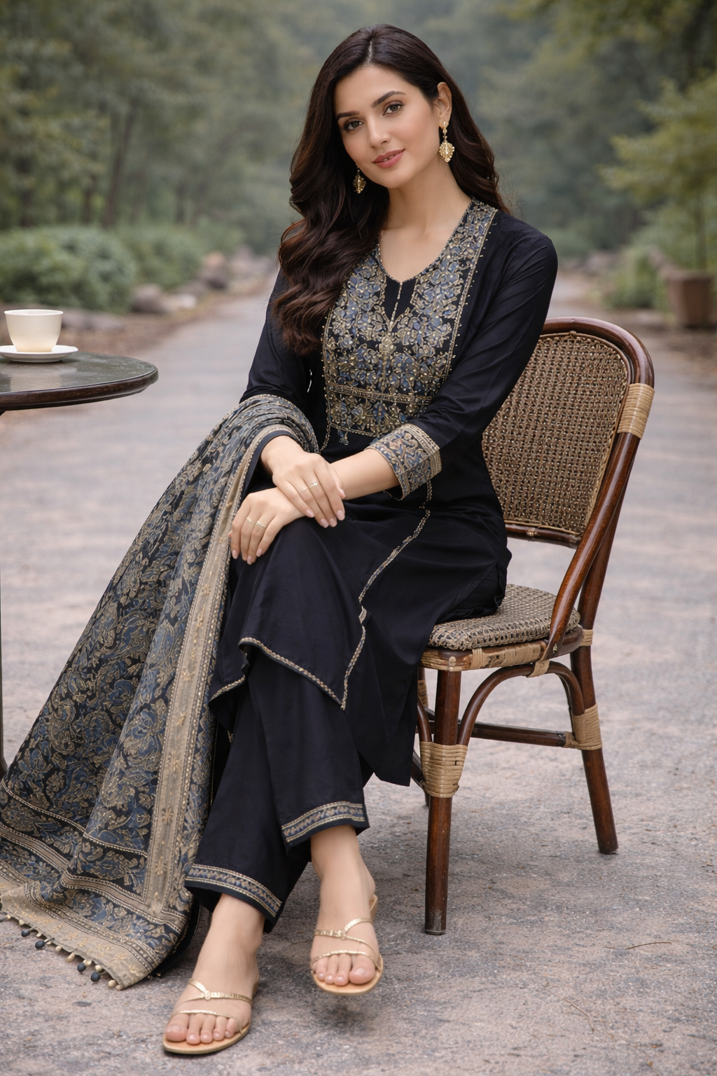 Black Embroidered Cotton Kurti Set for Women with Dupatta – Elegant Ethnic Kurta Pant Set | Natural Fab