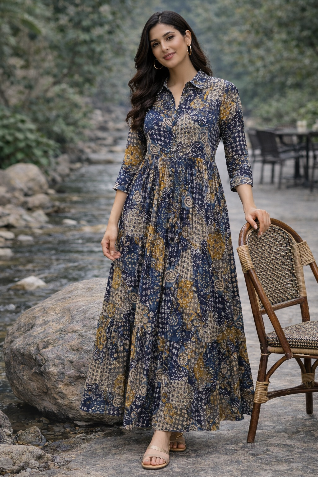 Women’s Blue Printed Cotton Long Dress – Elegant Ethnic Maxi Dress | Natural Fab
