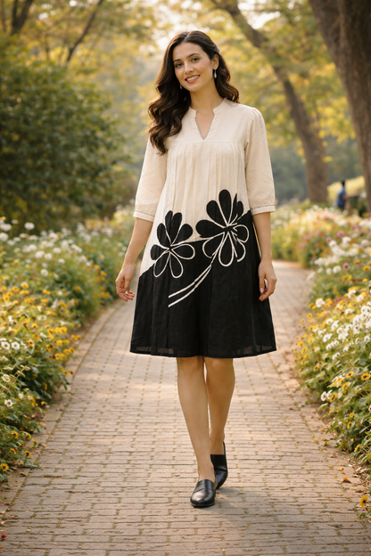Women’s Cotton Printed Knee-Length Dress – Beige & Black Casual Summer Dress | Natural Fab