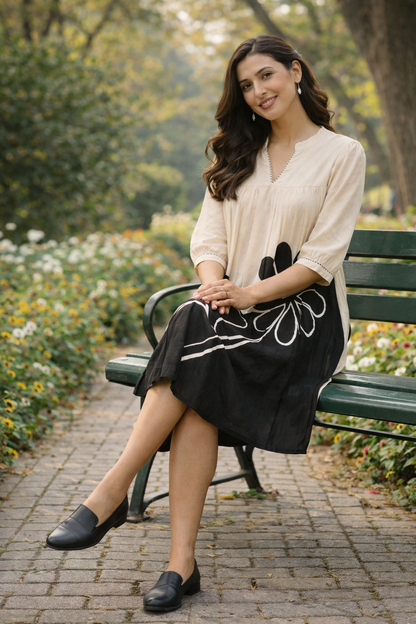 Women’s Cotton Printed Knee-Length Dress – Beige & Black Casual Summer Dress | Natural Fab