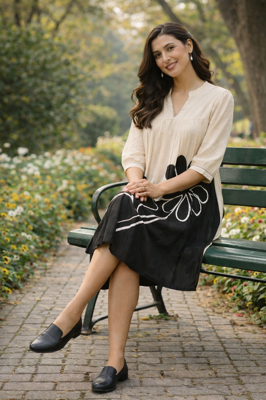 Women’s Cotton Printed Knee-Length Dress – Beige & Black Casual Summer Dress | Natural Fab