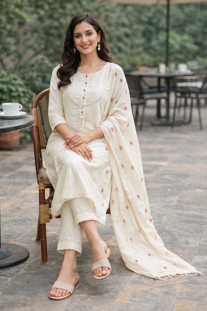 Premium Cotton Embroidered Kurti Set for Women with Dupatta – Elegant Cream Ethnic Wear | Natural Fab