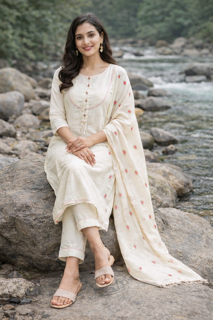 Premium Cotton Embroidered Kurti Set for Women with Dupatta – Elegant Cream Ethnic Wear | Natural Fab