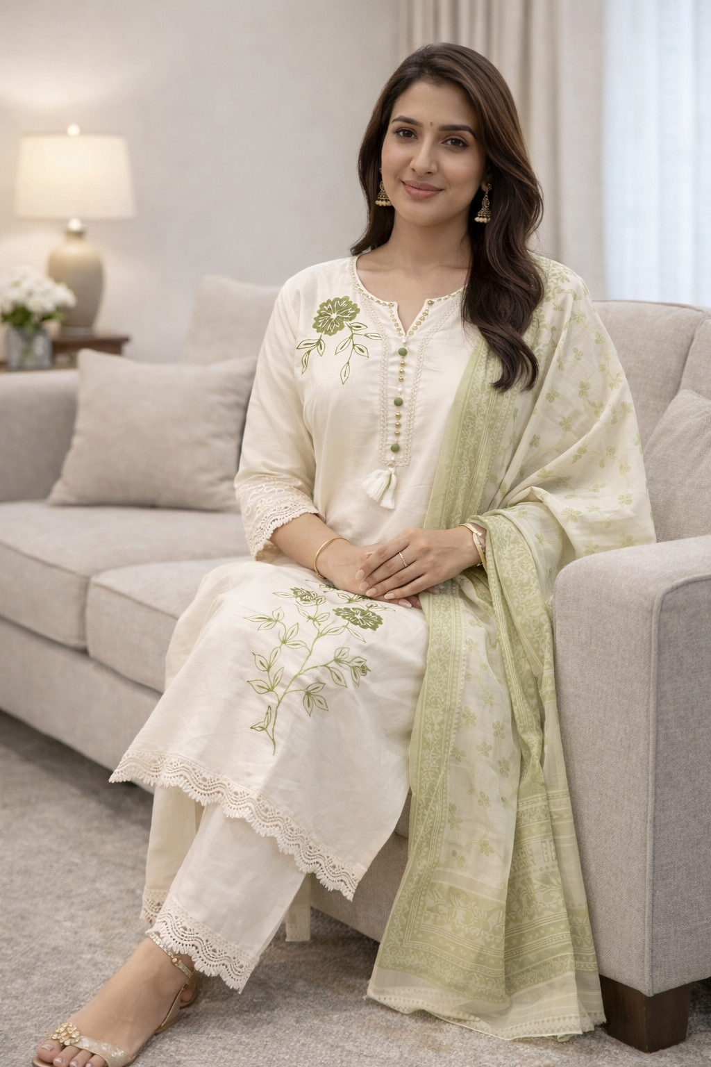 Off White Cotton Kurti Set with Green Floral Embroidery & Dupatta – Elegant Everyday Ethnic Wear | Natural Fab